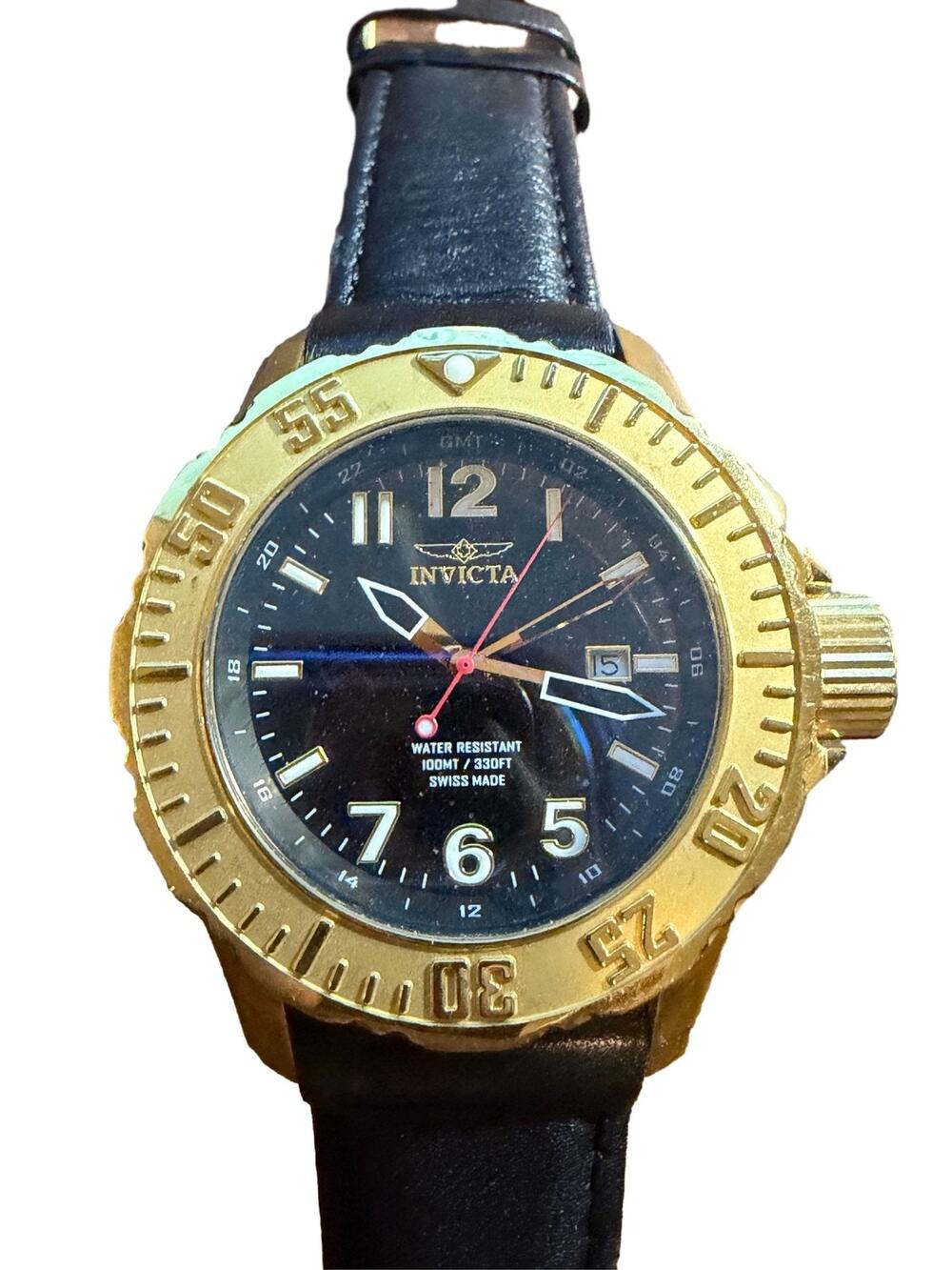 Invicta Specialty GMT Men's Watch 50mm Black Dial Gold Tone Leather
